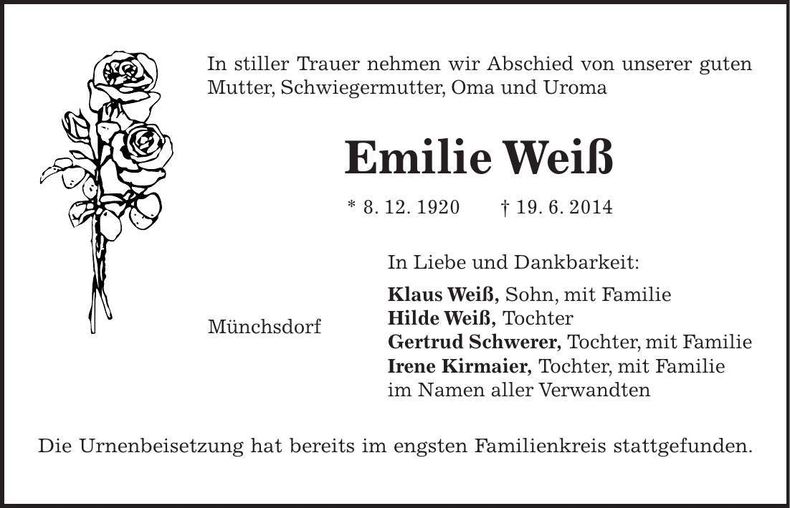 Traueranzeige Emilie Weiß