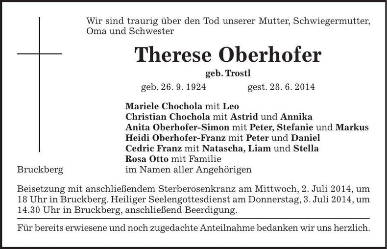Traueranzeige Therese Oberhofer