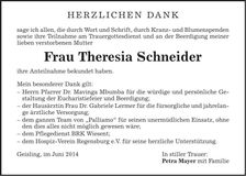 Traueranzeige Theresia Schneider