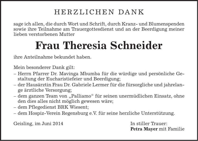 Traueranzeige Theresia Schneider