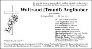 Traueranzeige Waltraud Anglhuber
