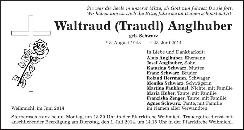 Traueranzeige Waltraud Anglhuber