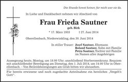 Traueranzeige Frieda Sautner