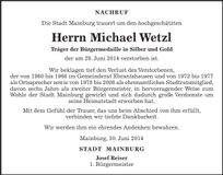Traueranzeige Michael Wetzl