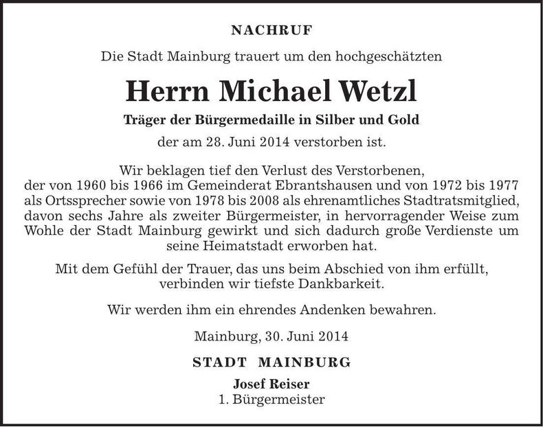 Traueranzeige Michael Wetzl