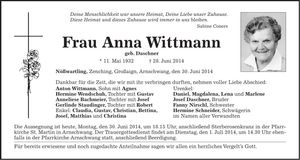 Traueranzeige Anna Wittmann