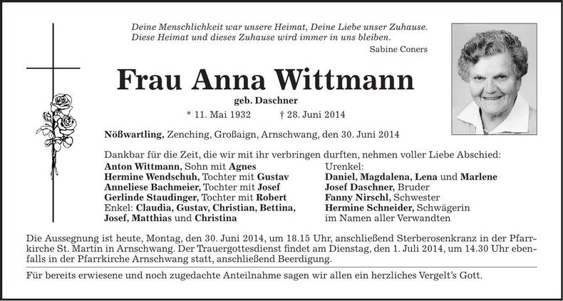 Traueranzeige Anna Wittmann