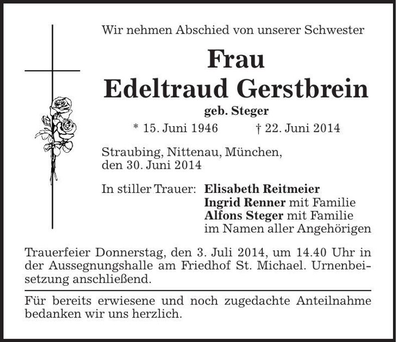 Traueranzeige Edeltraud Gerstbrein