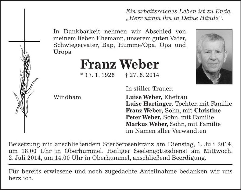 Traueranzeige Franz Weber