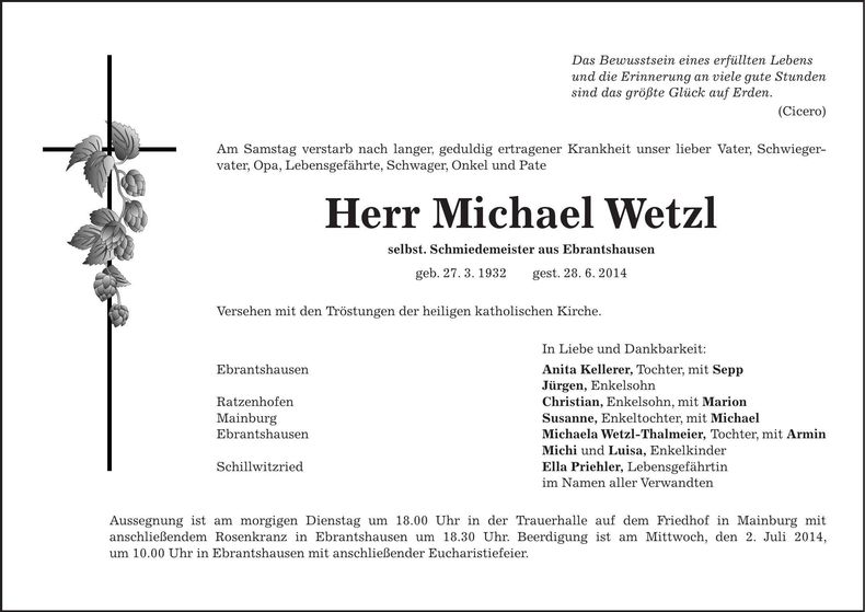 Traueranzeige Michael Wetzl
