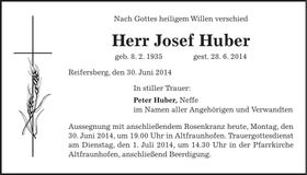 Traueranzeige Josef Huber