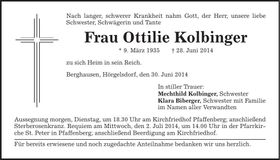 Traueranzeige Ottilie Kolbinger