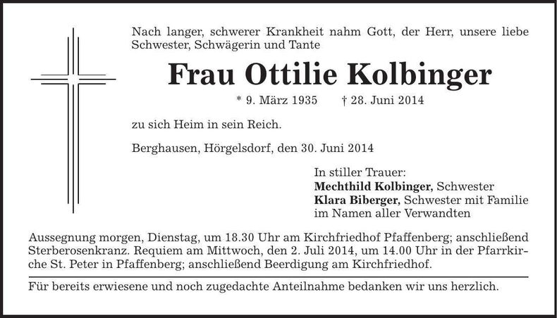 Traueranzeige Ottilie Kolbinger