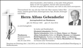 Traueranzeige Alfons Gebendorfer