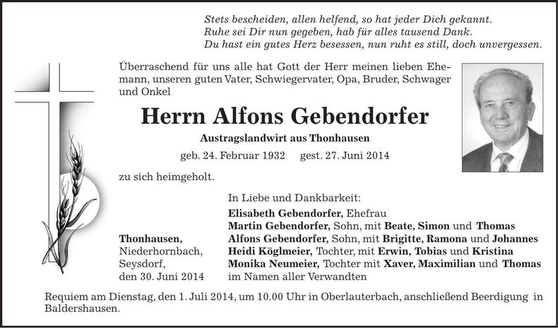 Traueranzeige Alfons Gebendorfer