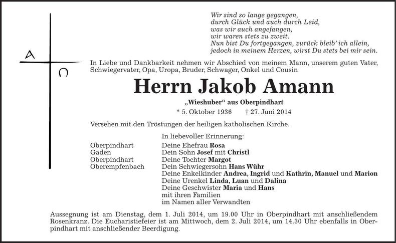 Traueranzeige Jakob Amann