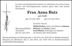 Traueranzeige Anna Butz