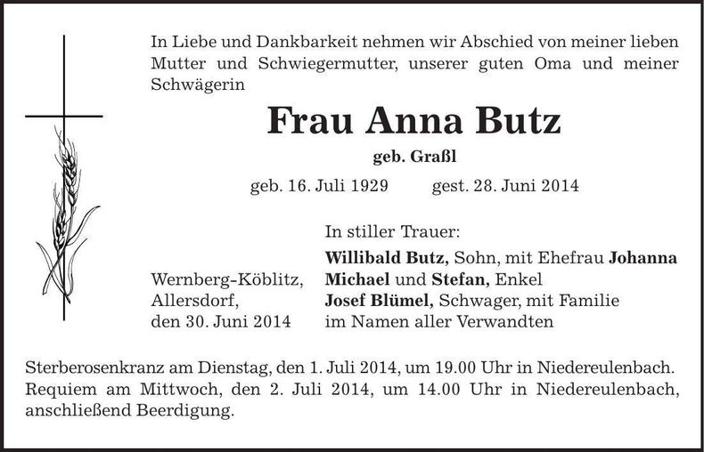 Traueranzeige Anna Butz