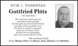 Traueranzeige Gottfried Plötz