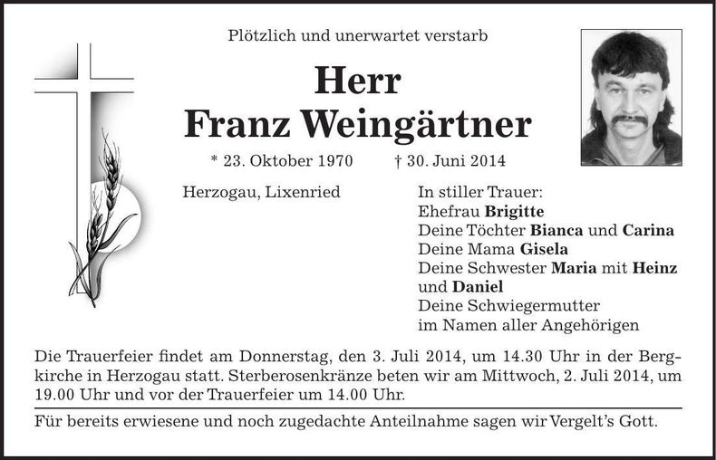 Traueranzeige Franz Weingärtner