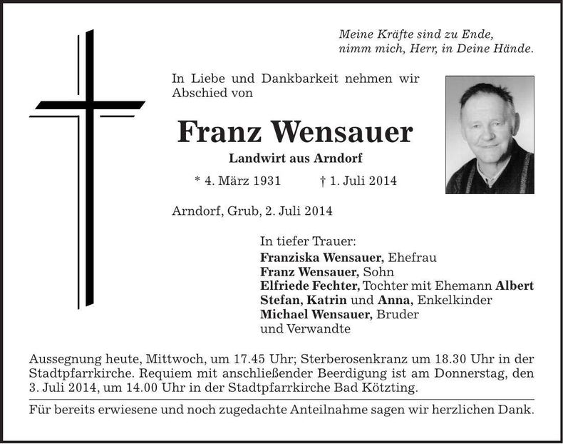 Traueranzeige Franz Wensauer