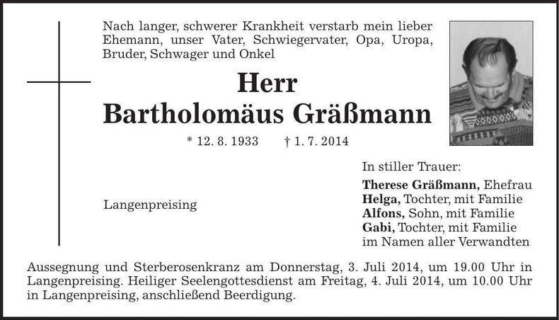 Traueranzeige Bartholomäus Gräßmann