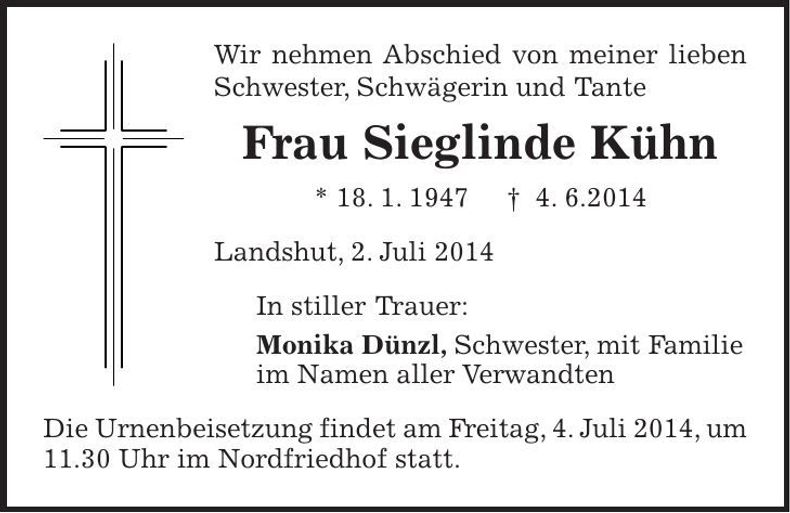 Traueranzeige Sieglinde Kühn