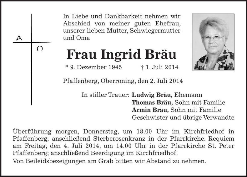 Traueranzeige Ingrid Bräu