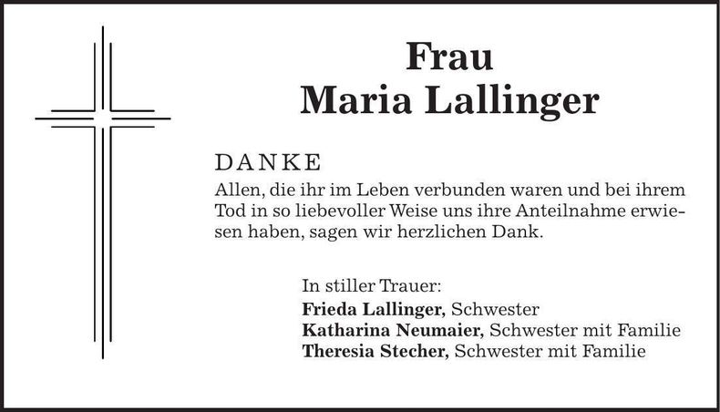 Traueranzeige Maria Lallinger