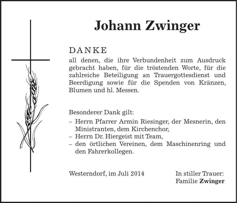 Traueranzeige Johann Zwinger