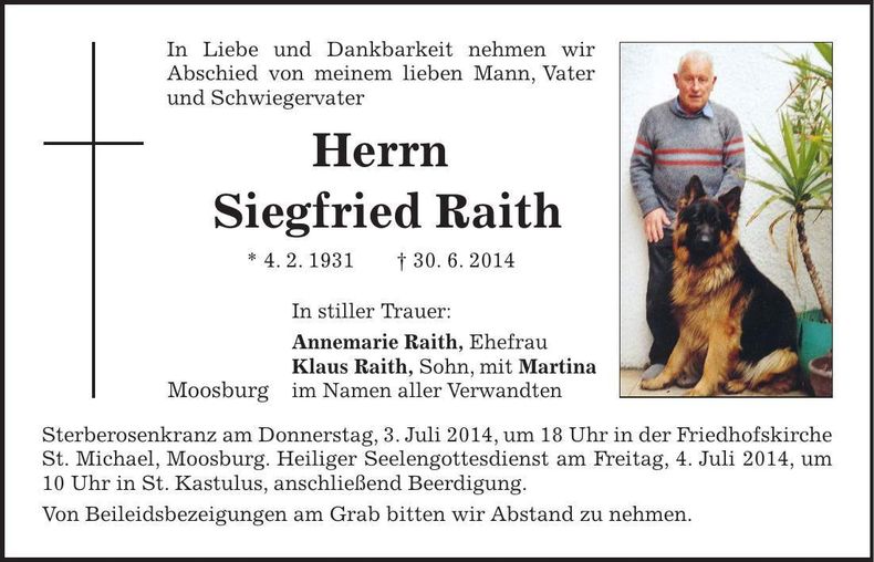Traueranzeige Siegfried Raith