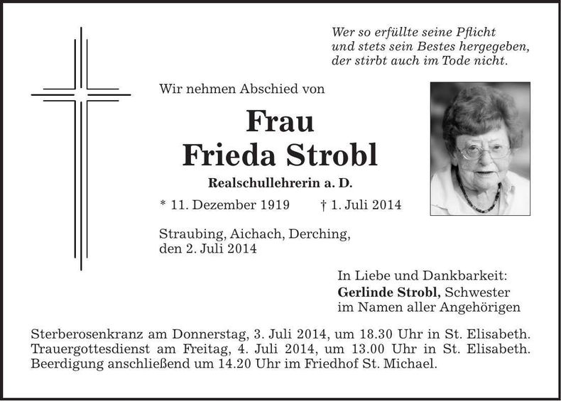 Traueranzeige Frieda Strobl