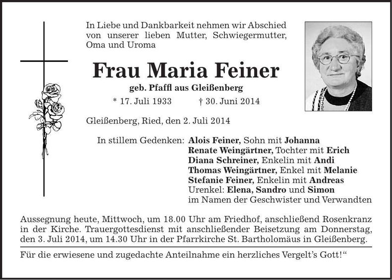Traueranzeige Maria Feiner