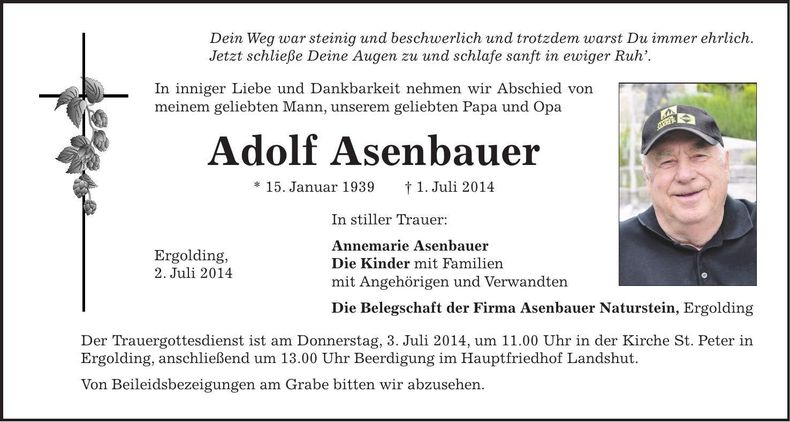 Traueranzeige Adolf Asenbauer