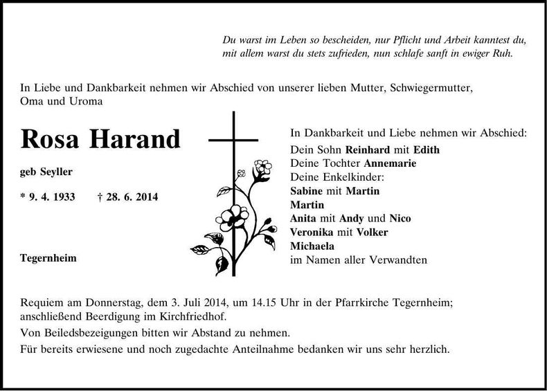 Traueranzeige Rosa Harand