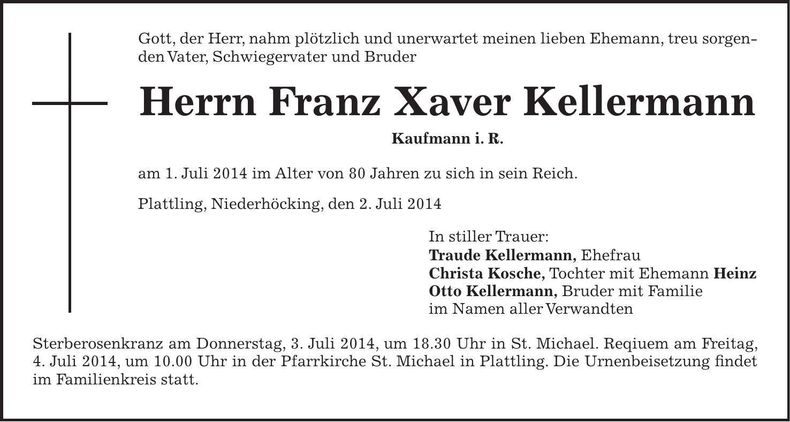 Traueranzeige Franz Xaver Kellermann