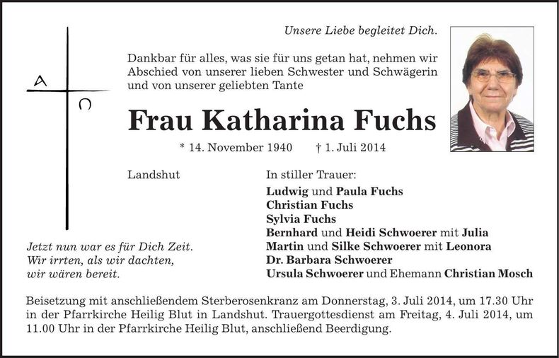 Traueranzeige Katharina Fuchs