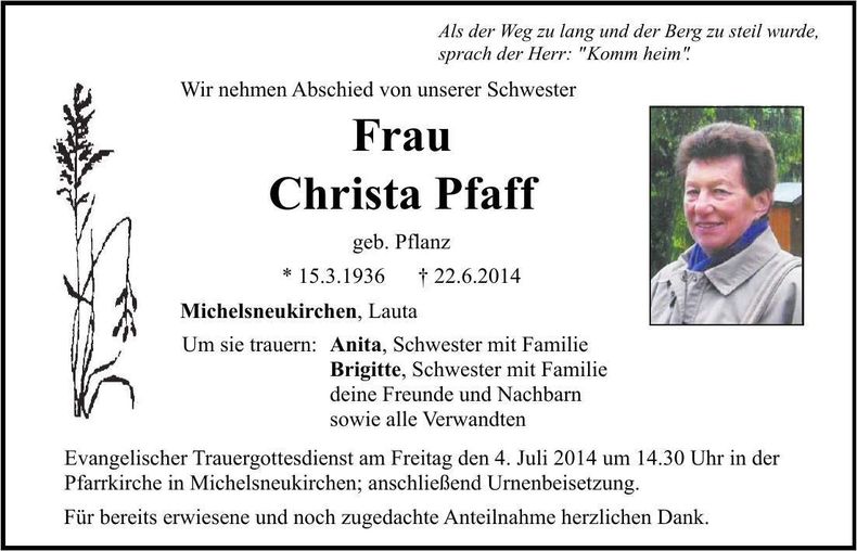 Traueranzeige Christa Pfaff