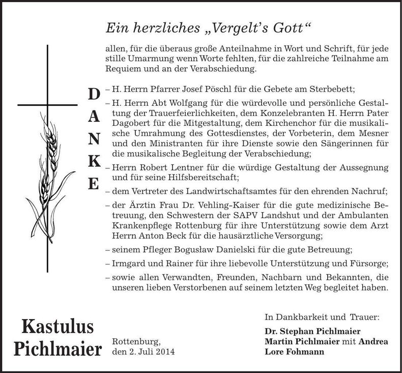 Traueranzeige Kastulus Pichlmaier