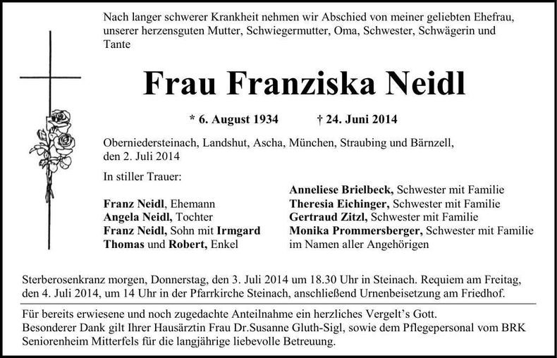 Traueranzeige Franziska Neidl