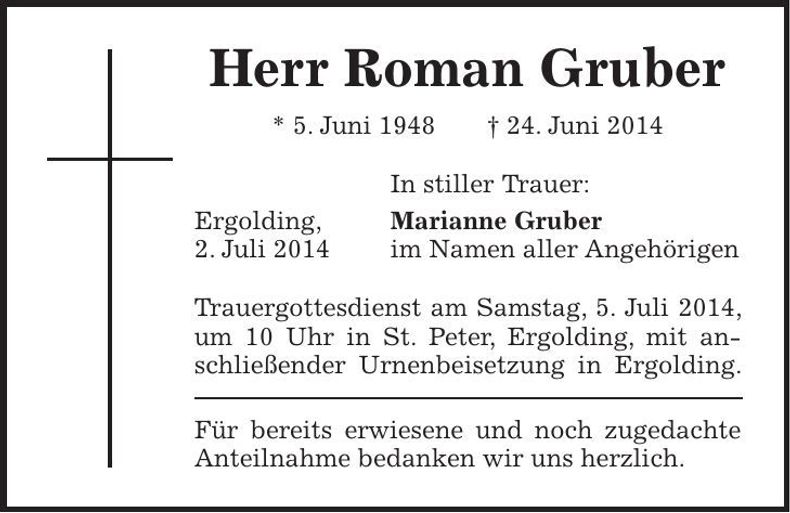 Traueranzeige Roman Gruber
