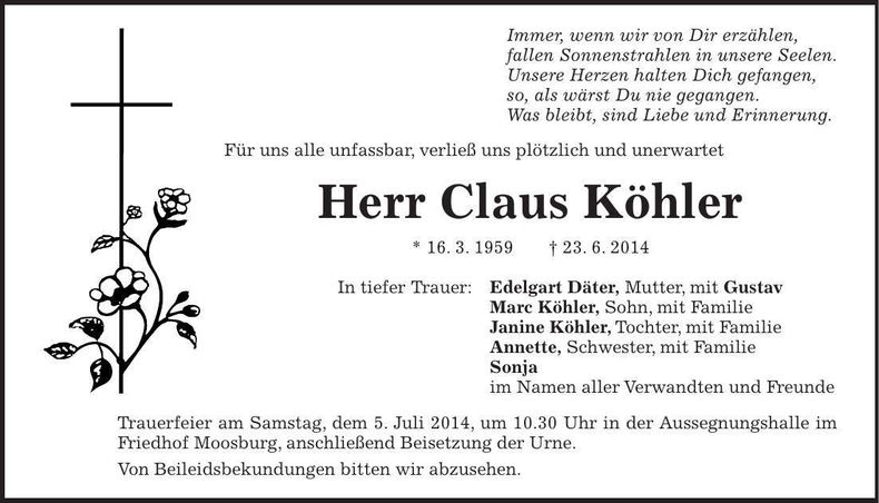 Traueranzeige Claus Köhler