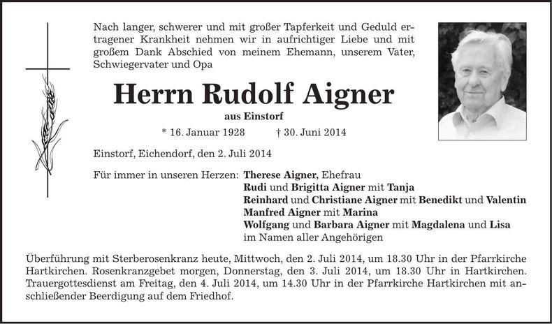 Traueranzeige Rudolf Aigner