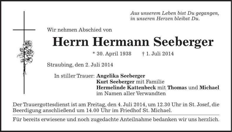Traueranzeige Hermann Seeberger