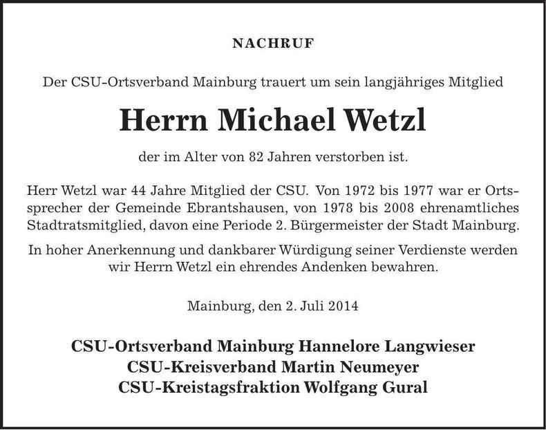 Traueranzeige Michael Wetzl