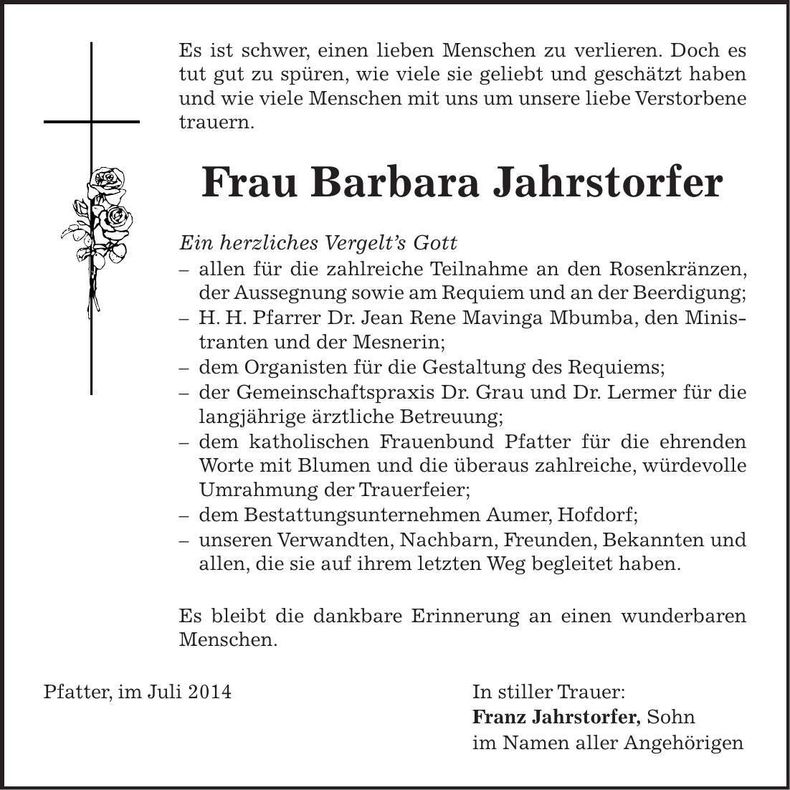 Traueranzeige Barbara Jahrstorfer