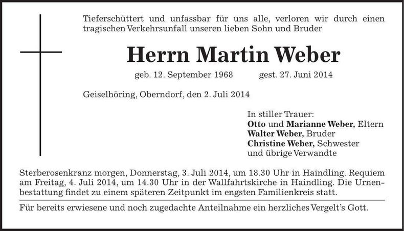 Traueranzeige Martin Weber