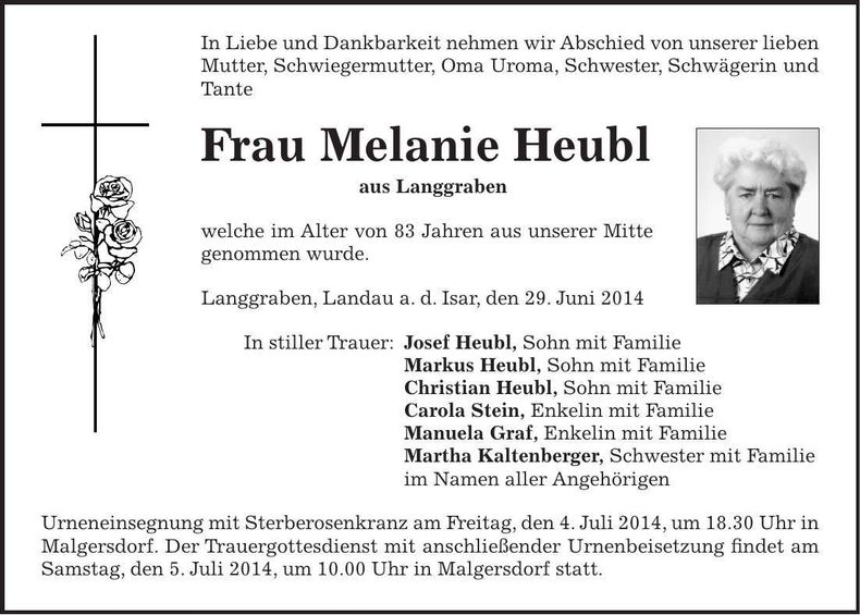 Traueranzeige Melanie Heubl