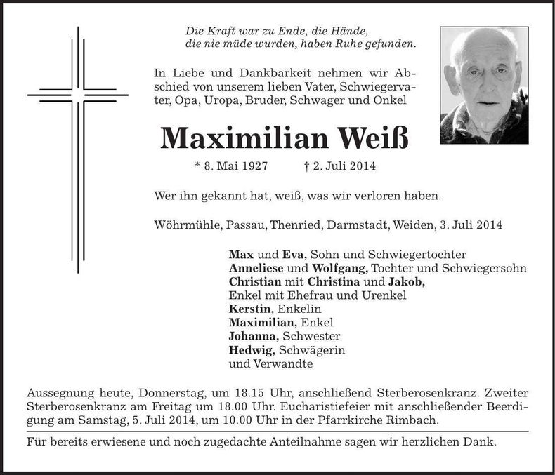 Traueranzeige Maximilian Weiß