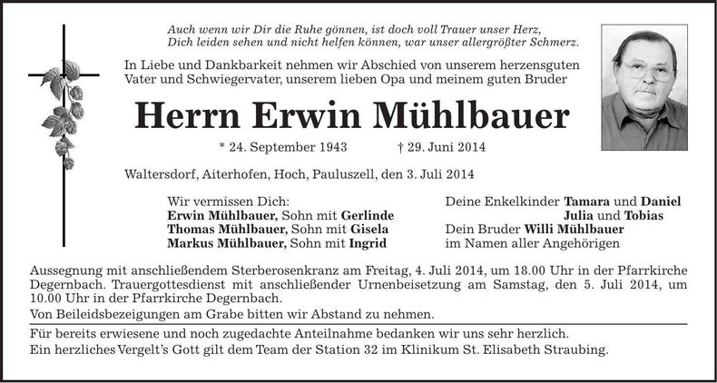 Traueranzeige Erwin Mühlbauer